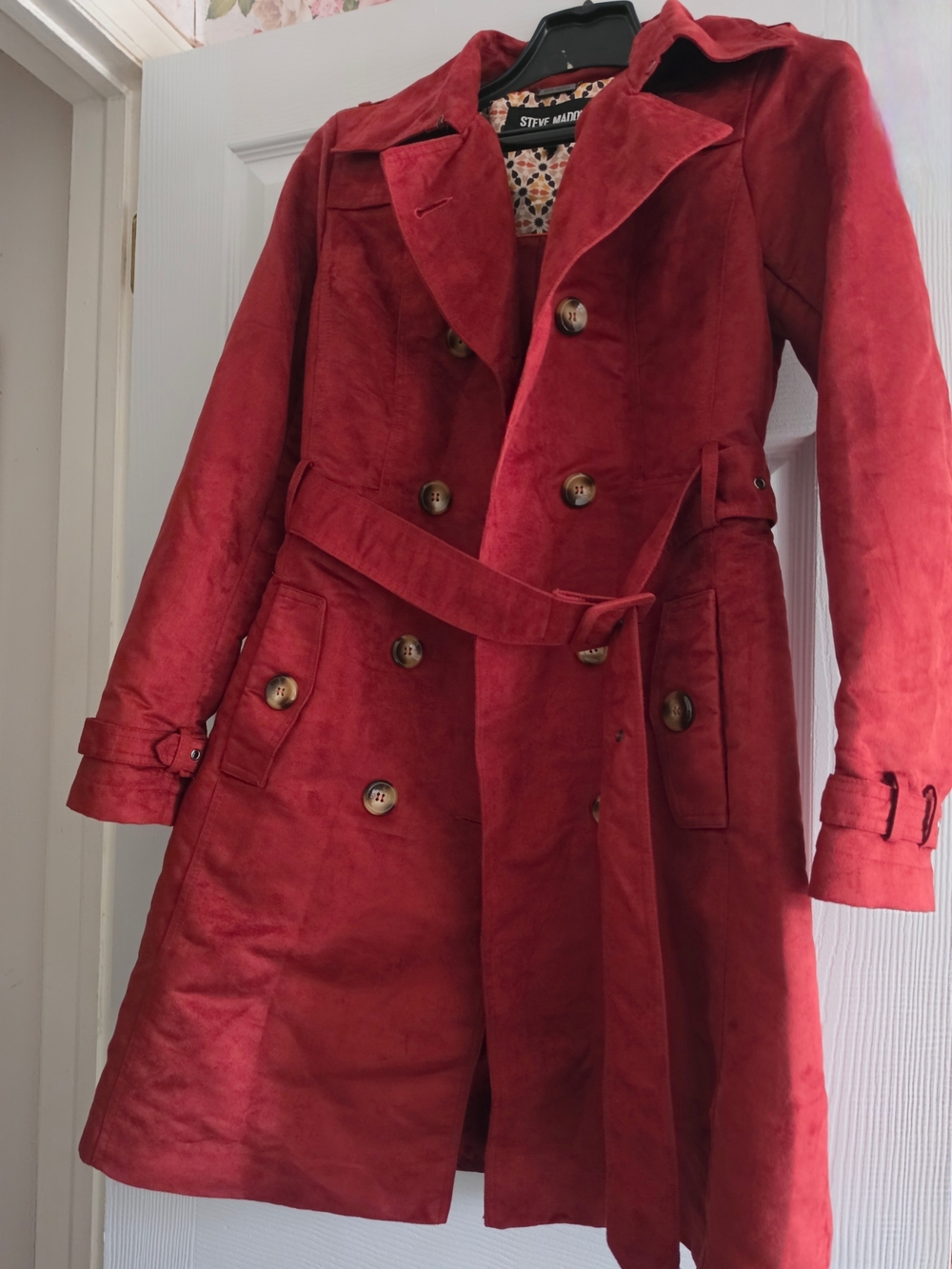 Steve Madden Red Double-Breasted Trench Coat with Belt